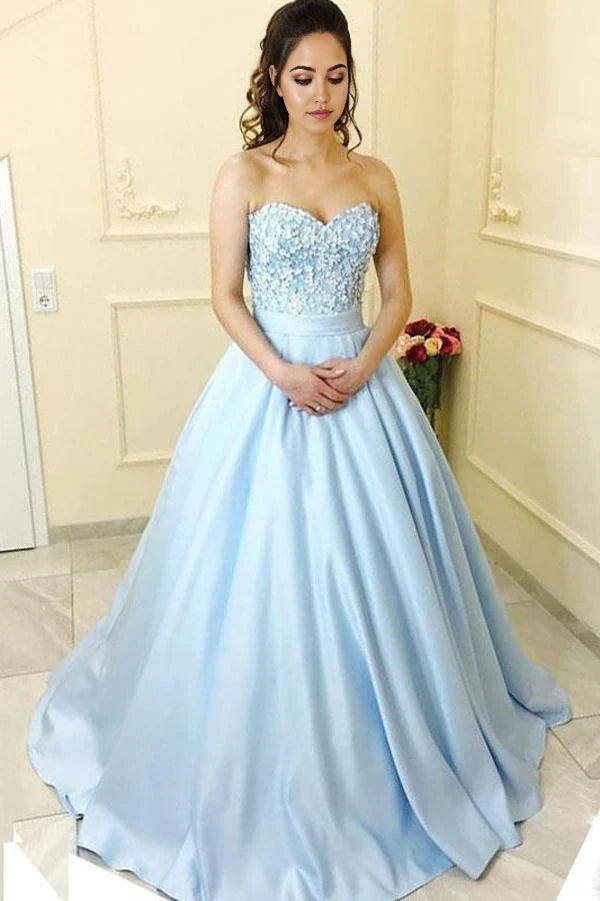 Vestidos de fiesta largos de satén azul sin tirantes, corte princesa, escote corazón
